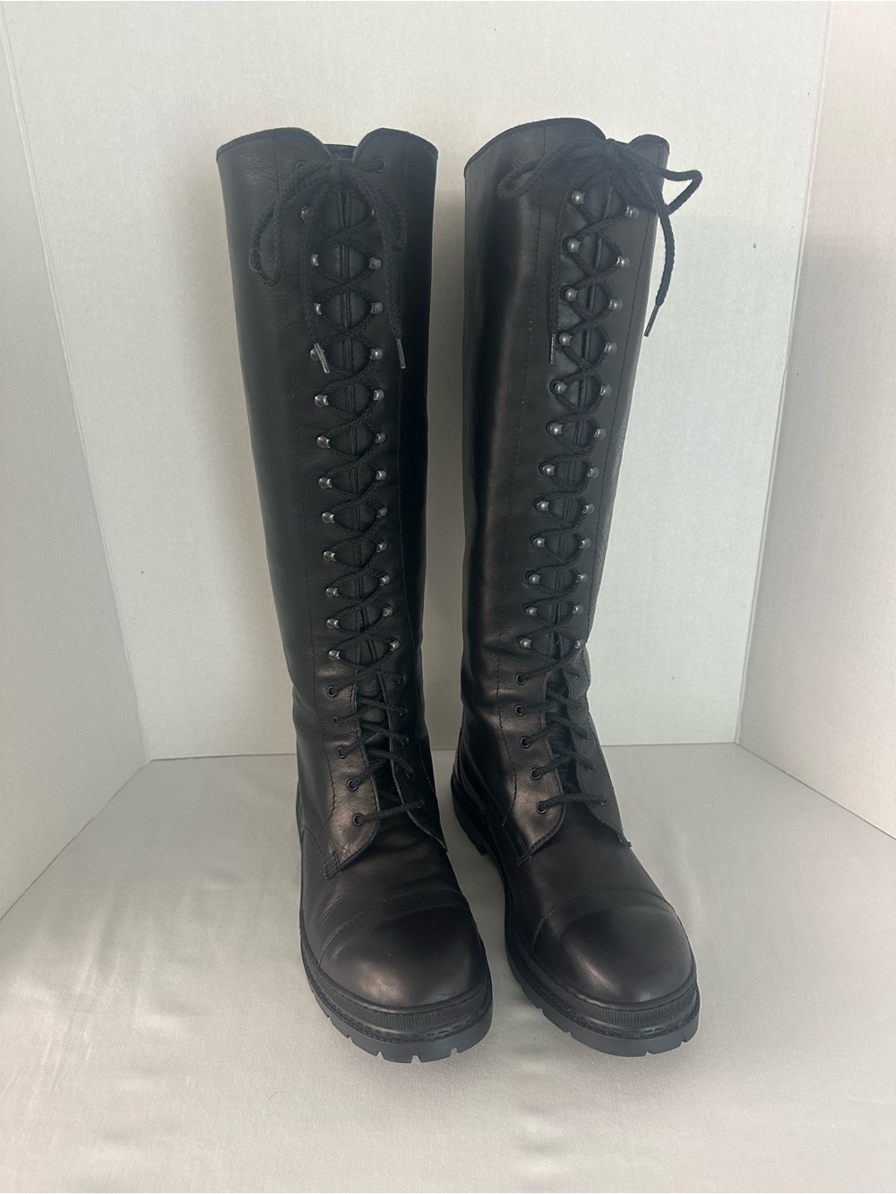Versace Istante Black Leather Knee-High, Riding Boots, Lace-Up Boots